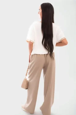 Beige Vivian Double Waist Band Drawstring Wide Leg Trousers<IKRUSH Hot