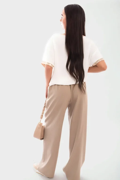 Beige Vivian Double Waist Band Drawstring Wide Leg Trousers<IKRUSH Hot