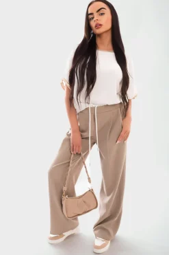 Beige Vivian Double Waist Band Drawstring Wide Leg Trousers<IKRUSH Hot