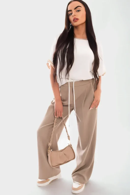 Beige Vivian Double Waist Band Drawstring Wide Leg Trousers<IKRUSH Hot