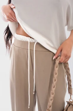Beige Vivian Double Waist Band Drawstring Wide Leg Trousers<IKRUSH Hot