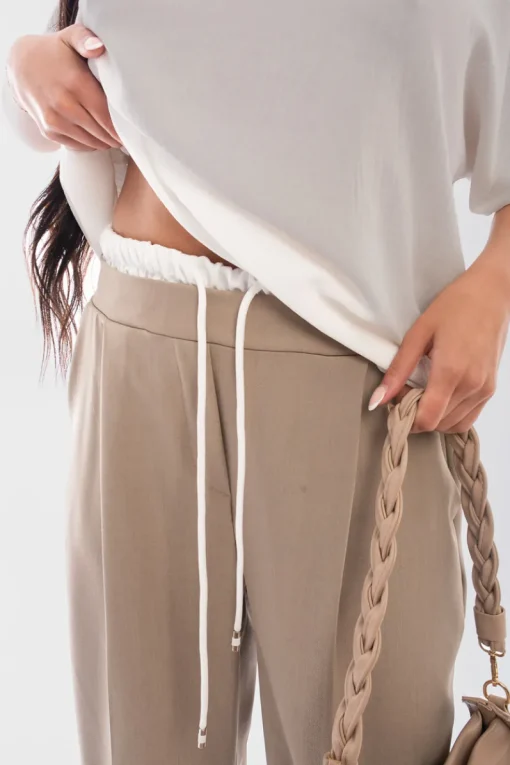 Beige Vivian Double Waist Band Drawstring Wide Leg Trousers<IKRUSH Hot