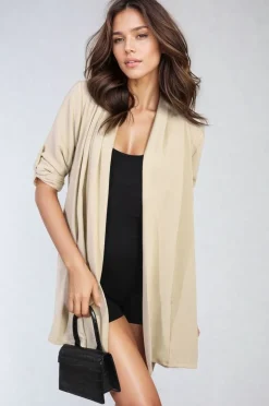 Beige Vivian Open Front Roll Up Sleeve Cardigan<IKRUSH Discount