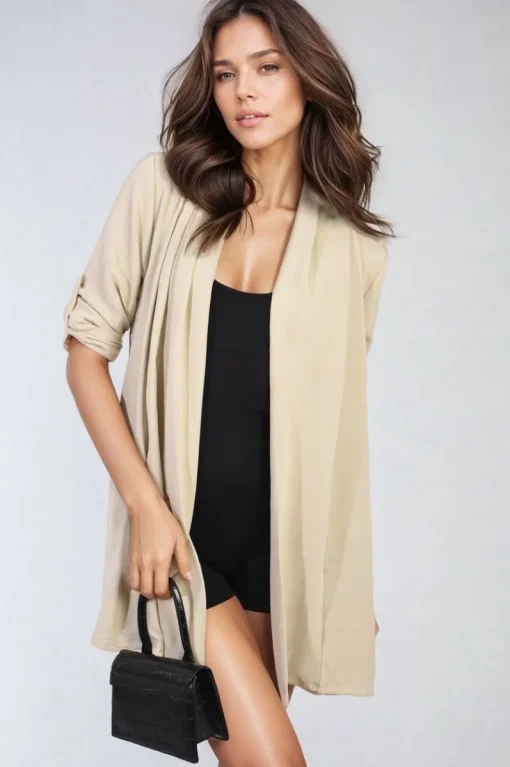 Beige Vivian Open Front Roll Up Sleeve Cardigan<IKRUSH Discount