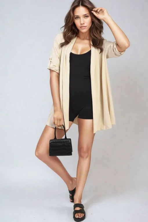 Beige Vivian Open Front Roll Up Sleeve Cardigan<IKRUSH Discount