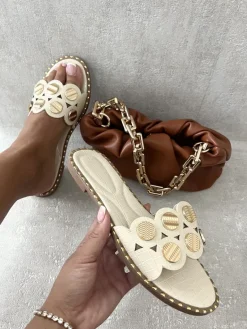 Beige Vivian Studded Strap Flat Sandals<IKRUSH Fashion
