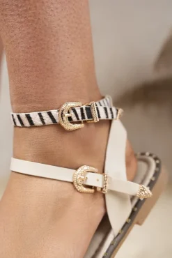 Beige Zamira Toe Loop Flat Sandals with Zebra Buckle Straps<IKRUSH Online