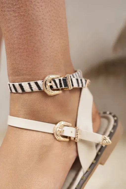 Beige Zamira Toe Loop Flat Sandals with Zebra Buckle Straps<IKRUSH Online