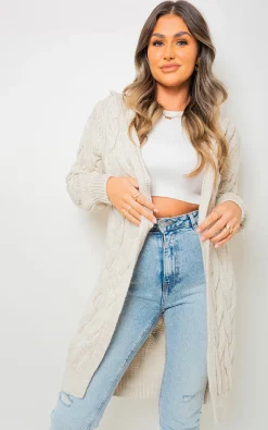 Beige Zoe Chunky Cable Knitted Oversized Longline Hooded Cardigan<IKRUSH Best