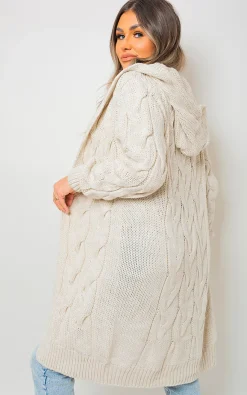 Beige Zoe Chunky Cable Knitted Oversized Longline Hooded Cardigan<IKRUSH Best