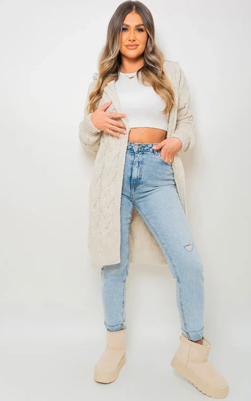 Beige Zoe Chunky Cable Knitted Oversized Longline Hooded Cardigan<IKRUSH Best