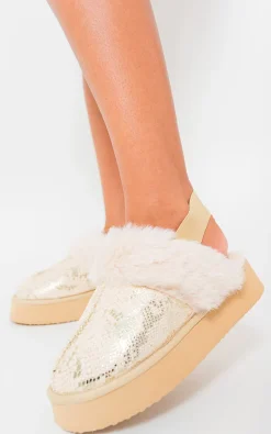 Biege Noelle Sequin Faux Fur-Cuff Back Strap Boots<IKRUSH Online