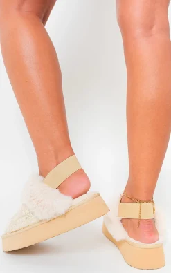 Biege Noelle Sequin Faux Fur-Cuff Back Strap Boots<IKRUSH Online
