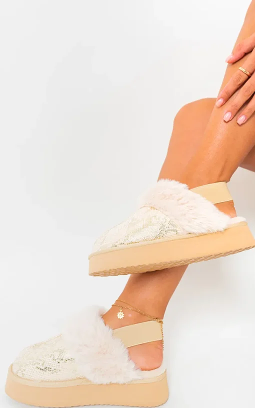 Biege Noelle Sequin Faux Fur-Cuff Back Strap Boots<IKRUSH Online
