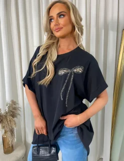 Black Allison Sequin Bow Detail Oversized Top<IKRUSH Outlet