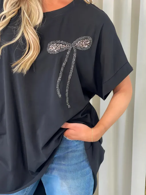 Black Allison Sequin Bow Detail Oversized Top<IKRUSH Outlet
