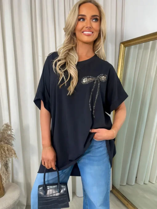 Black Allison Sequin Bow Detail Oversized Top<IKRUSH Outlet