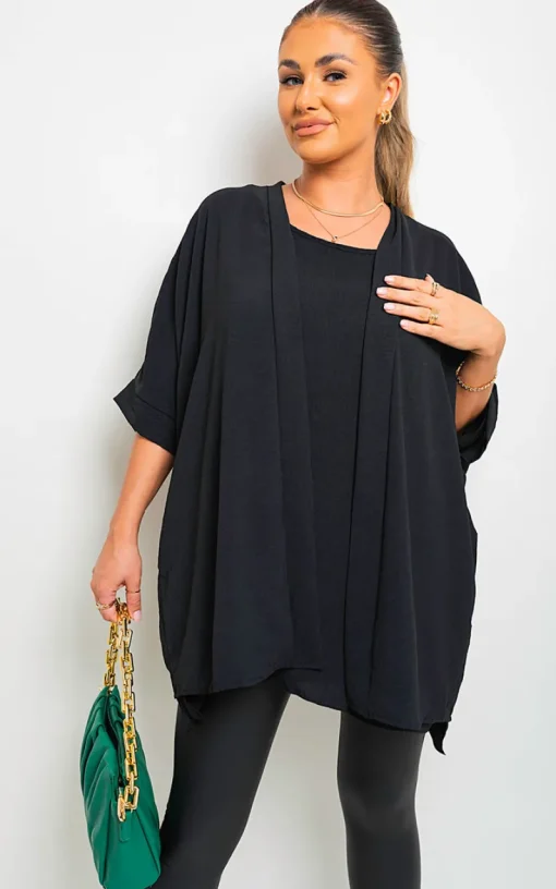 Black Amanda Open Front Folded Sleeve Cardigan<IKRUSH Clearance