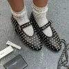 Black Anna Rhinestone Decor Round Toe Buckle Strap Flat Shoes<IKRUSH Fashion