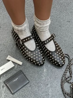 Black Anna Rhinestone Decor Round Toe Buckle Strap Flat Shoes<IKRUSH Fashion
