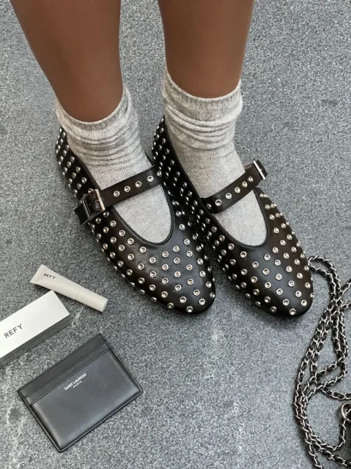 Black Anna Rhinestone Decor Round Toe Buckle Strap Flat Shoes<IKRUSH Fashion