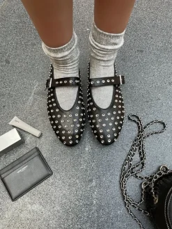 Black Anna Rhinestone Decor Round Toe Buckle Strap Flat Shoes<IKRUSH Fashion