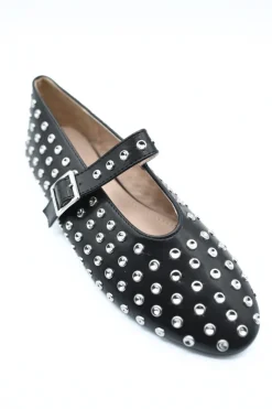 Black Anna Rhinestone Decor Round Toe Buckle Strap Flat Shoes<IKRUSH Fashion