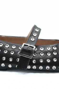 Black Anna Rhinestone Decor Round Toe Buckle Strap Flat Shoes<IKRUSH Fashion