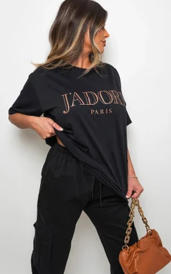 Black Ava Short Sleeve Jadore Slogan  Printed T-shirts<IKRUSH Discount
