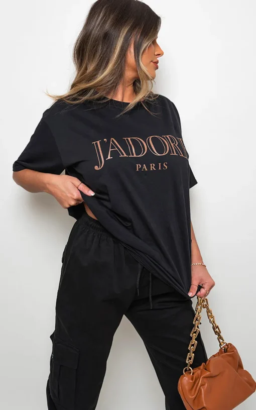 Black Ava Short Sleeve Jadore Slogan  Printed T-shirts<IKRUSH Discount
