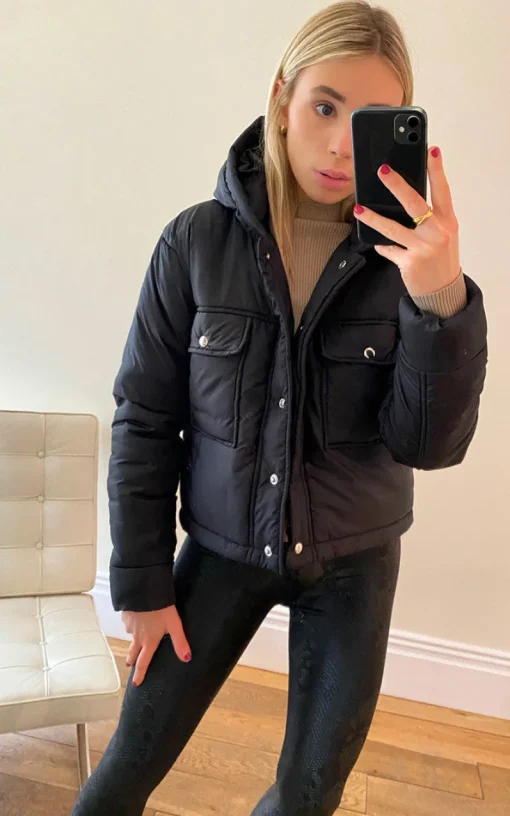 Black Bethan Short Hooded Jacket with Button Detail<IKRUSH Best