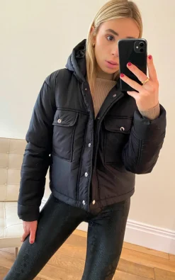 Black Bethan Short Hooded Jacket with Button Detail<IKRUSH Best