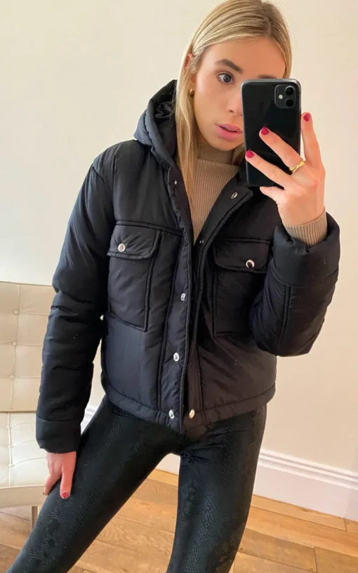 Black Bethan Short Hooded Jacket with Button Detail<IKRUSH Best