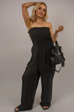 Black Blythe Strapless Shirred Bandeau Wide Leg Jumpsuit<IKRUSH Clearance
