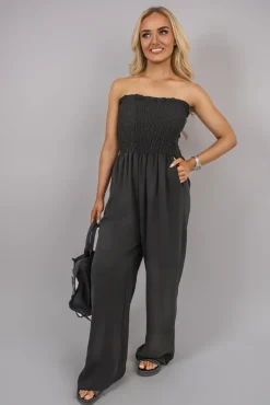 Black Blythe Strapless Shirred Bandeau Wide Leg Jumpsuit<IKRUSH Clearance