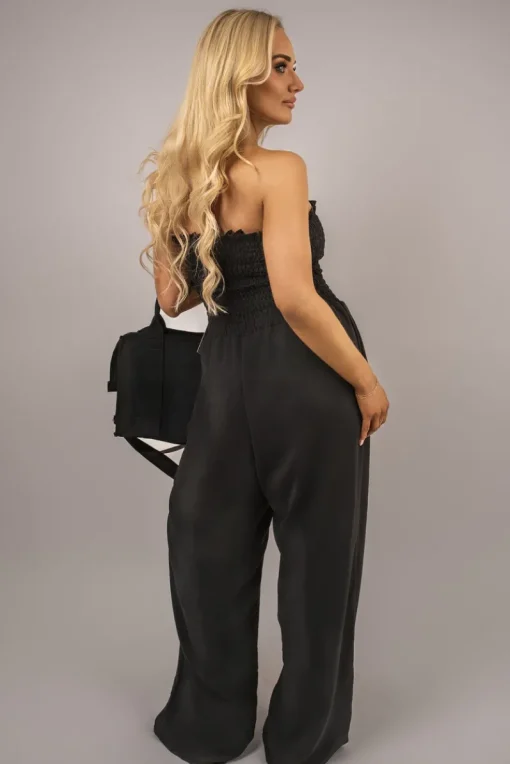 Black Blythe Strapless Shirred Bandeau Wide Leg Jumpsuit<IKRUSH Clearance