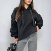Black Carla Ruched Sleeve Oversized Hoodie with Front Pouch Pocket<IKRUSH Clearance