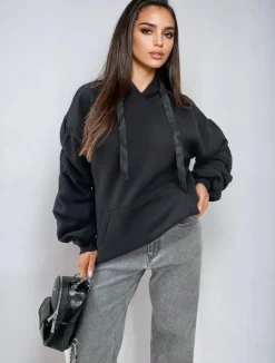 Black Carla Ruched Sleeve Oversized Hoodie with Front Pouch Pocket<IKRUSH Clearance