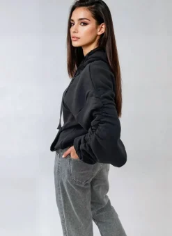 Black Carla Ruched Sleeve Oversized Hoodie with Front Pouch Pocket<IKRUSH Clearance