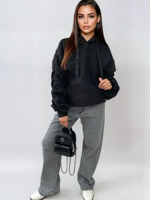 Black Carla Ruched Sleeve Oversized Hoodie with Front Pouch Pocket<IKRUSH Clearance