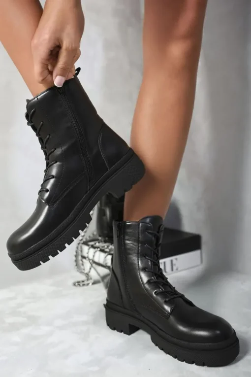 Black Carmen Lace Up Side Zip Chunky Ankle Boots<IKRUSH Clearance