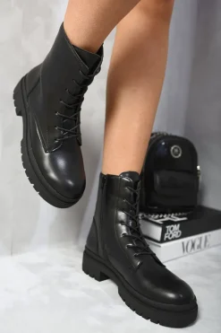 Black Carmen Lace Up Side Zip Chunky Ankle Boots<IKRUSH Clearance