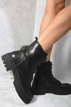 Black Carmen Lace Up Side Zip Chunky Ankle Boots<IKRUSH Clearance