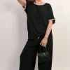 Black Celia Shiny Trim Short-Sleeved Top<IKRUSH Clearance