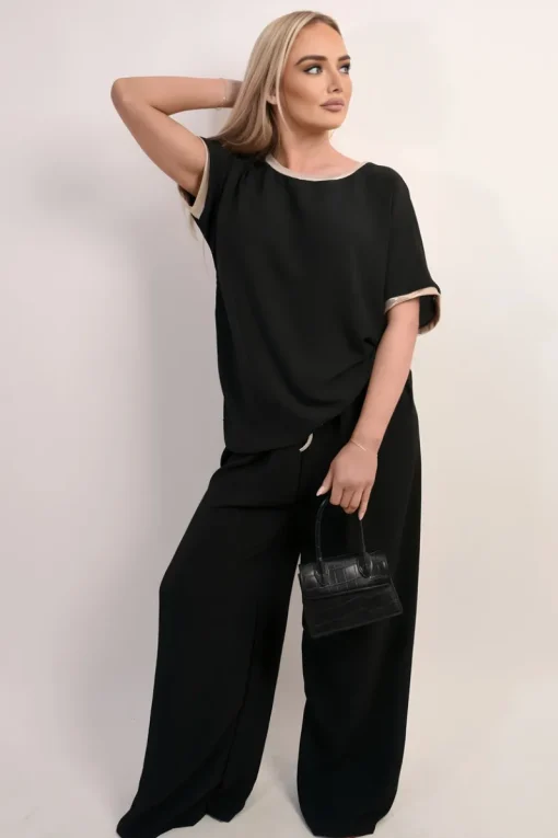 Black Celia Shiny Trim Short-Sleeved Top<IKRUSH Clearance