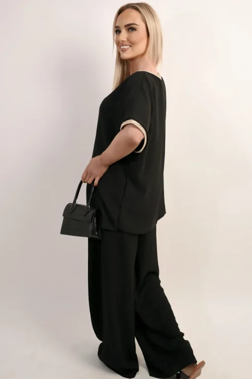 Black Celia Shiny Trim Short-Sleeved Top<IKRUSH Clearance