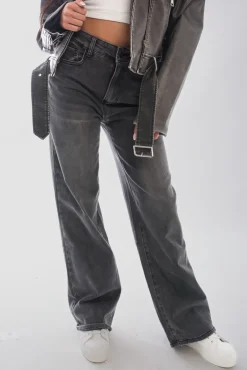 Black Chana Back Statement Distressed Straight Leg Jeans<IKRUSH Fashion