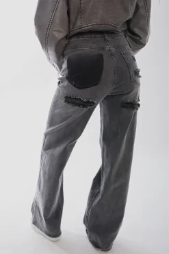 Black Chana Back Statement Distressed Straight Leg Jeans<IKRUSH Fashion