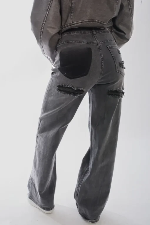 Black Chana Back Statement Distressed Straight Leg Jeans<IKRUSH Fashion