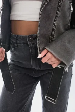 Black Chana Back Statement Distressed Straight Leg Jeans<IKRUSH Fashion